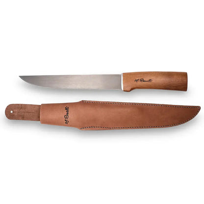Roselli RW255 The Big Fish Knife with leather sheath and curly birch handle, ideal for filleting large fish.