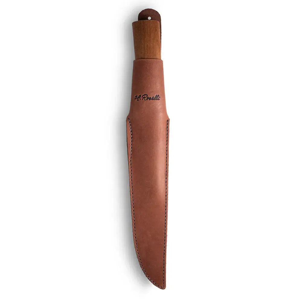 Roselli RW255 The Big Fish Knife in a dark handmade leather sheath with a curly birch handle.