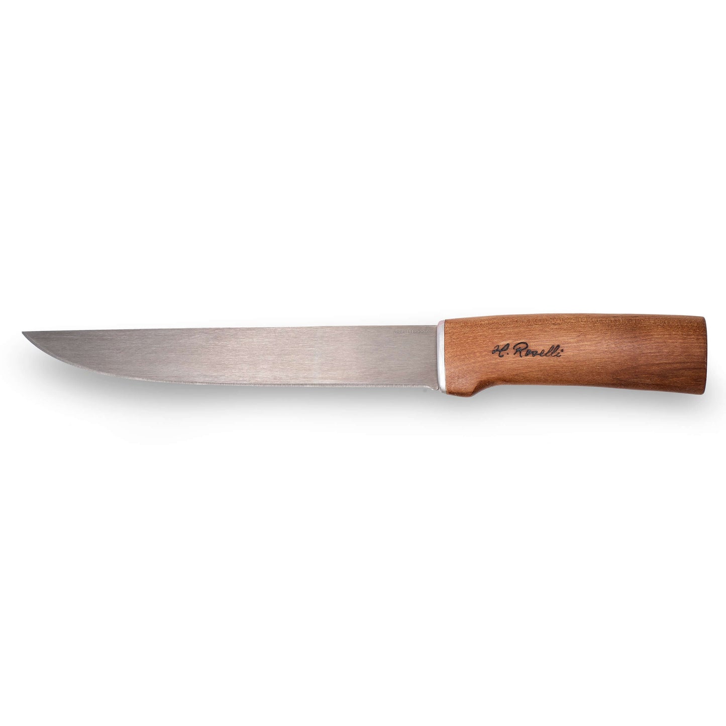 Roselli RW255 The Big Fish Knife featuring a curly birch handle and stainless steel blade for versatile cutting.