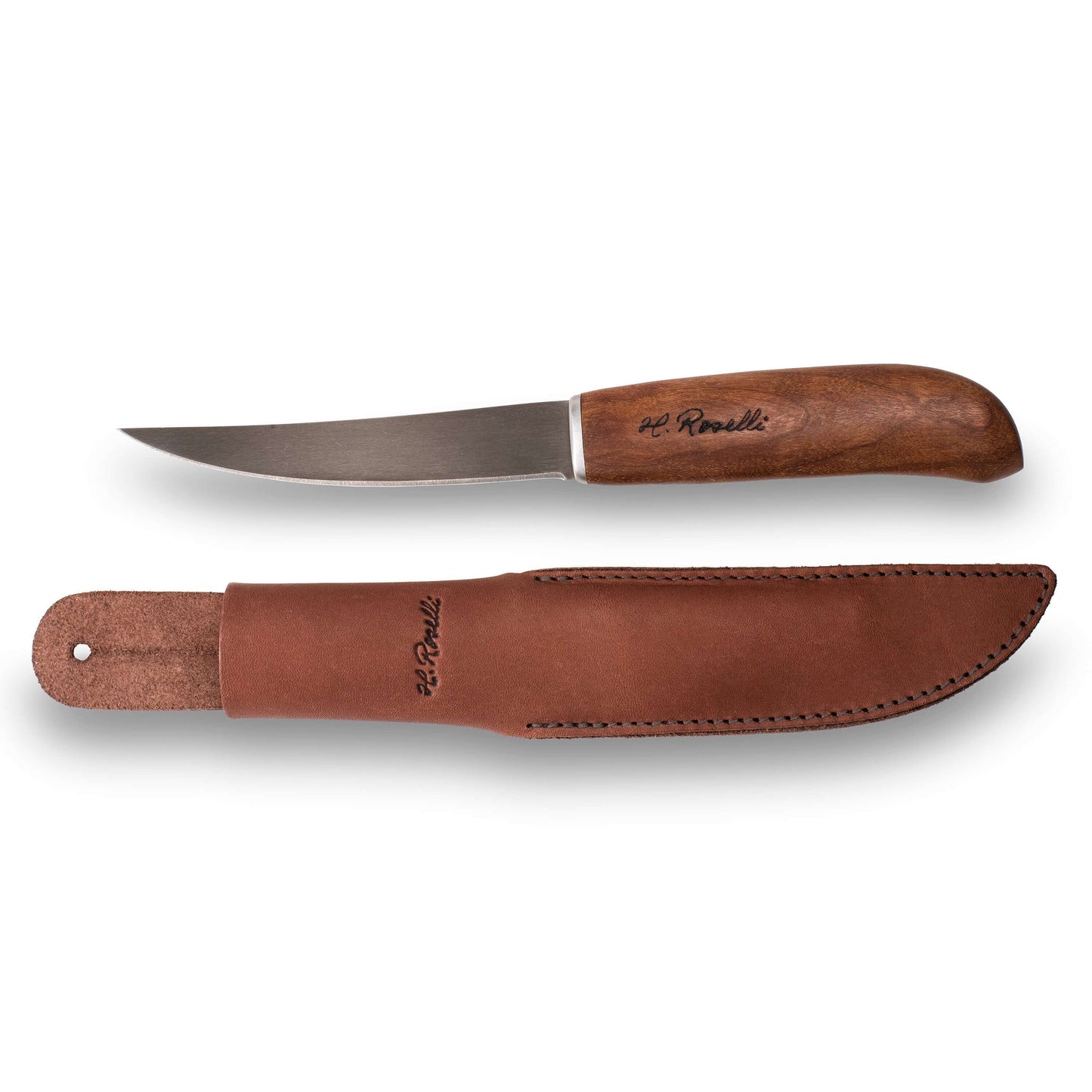 Roselli RW256 The Small Fillet Knife with leather sheath and curly birch handle, ideal for fishing and general use.