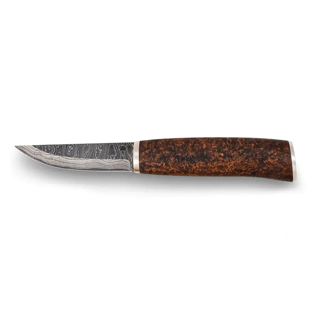 Roselli RD 310P The Carpenter Knife, Damascus with a curved blade and wooden handle for fine woodworking tasks.