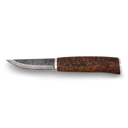 Roselli RD 310P The Carpenter Knife, Damascus with a curved blade and wooden handle for fine woodworking tasks.