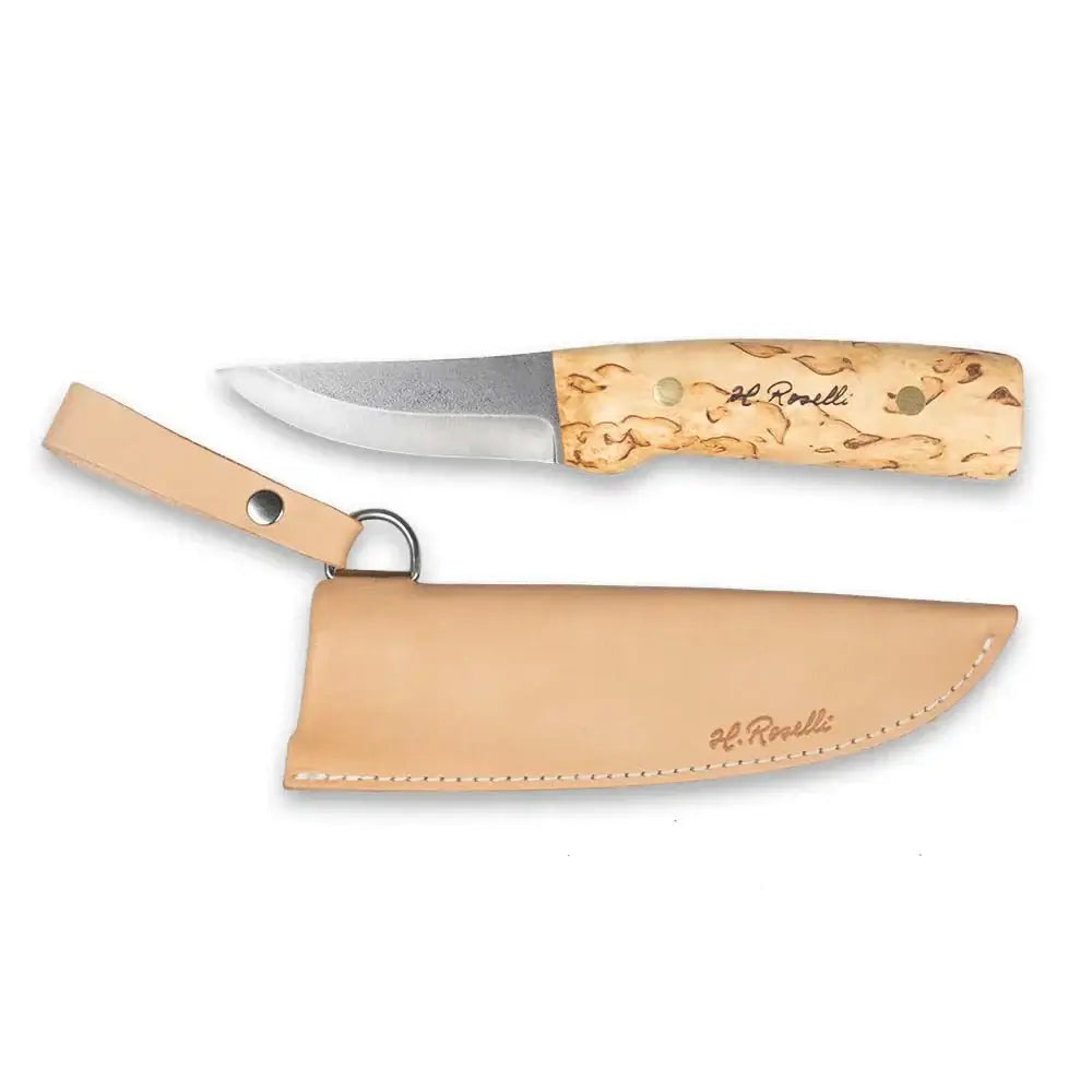 Roselli Hunter FULL TANG R100F knife with curly birch handle and handcrafted leather sheath.