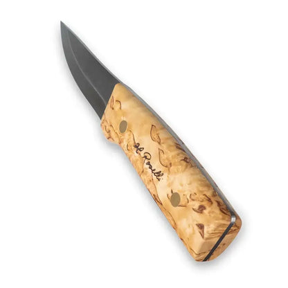 Roselli Hunter FULL TANG R100F knife with a curly birch handle and carbon steel blade, ideal for hunting and wilderness use.