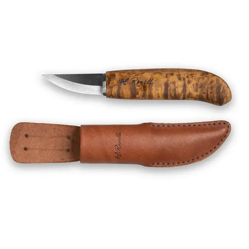 Roselli RW231 Bear Claw, UHC Steel Woodcarving and Detailing Knife with curly birch handle and leather sheath