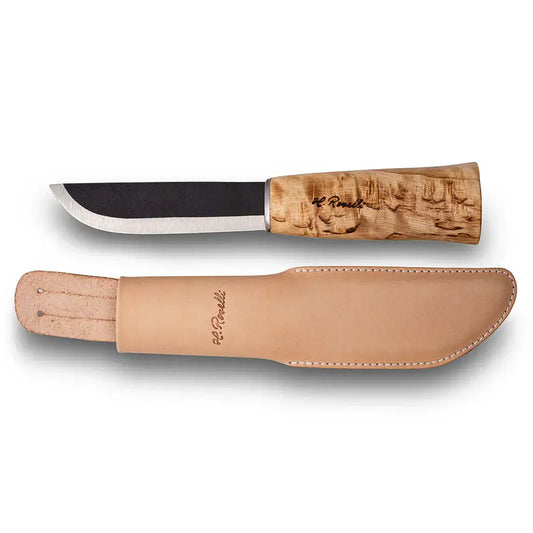 Roselli R151 The Small Leuku Knife - Camp Knife with curly birch handle and leather sheath.