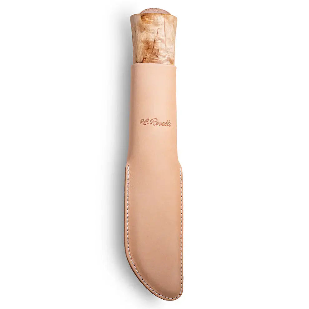 Roselli R151 The Small Leuku Knife - Camp Knife in a leather sheath with a curly birch handle.