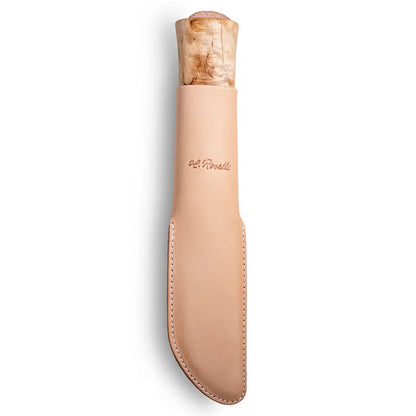 Roselli R151 The Small Leuku Knife - Camp Knife in a leather sheath with a curly birch handle.