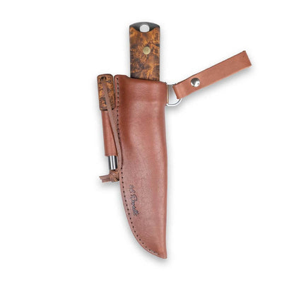 Roselli R42 Heimo 4" Bushcraft Edition with Firesteel in leather sheath, designed for wilderness adventures.
