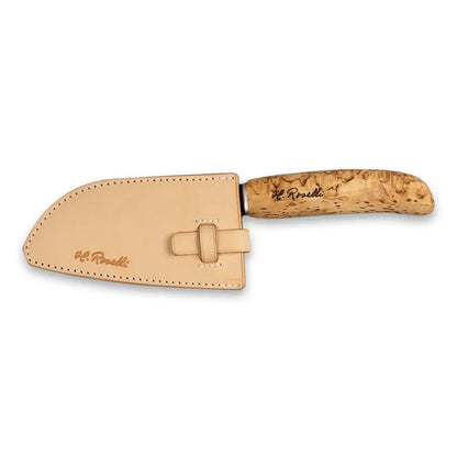 Roselli R700 The Small Chef Knife with curly birch handle and handmade leather sheath.