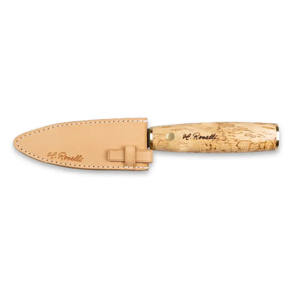 Roselli R750 The Allround - All Around Chef Knife in a leather sheath with a patterned wooden handle.