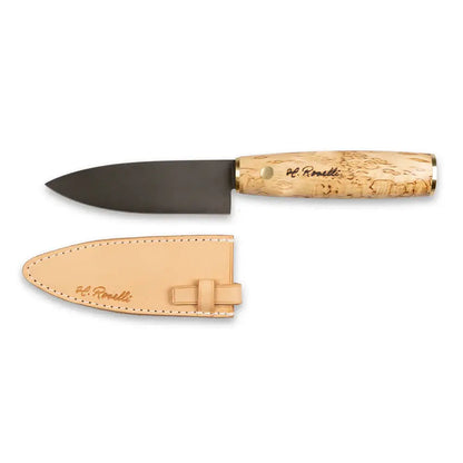 Roselli R780 The Kitchen Knife Set! Santoku and Allround Knife Set with a unique burl wood handle and leather sheath.