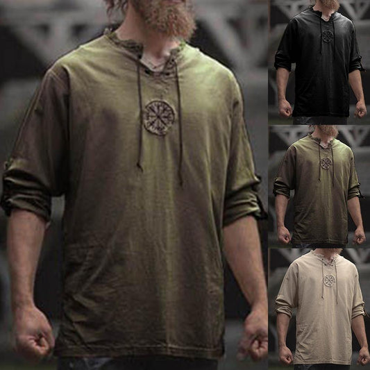 Men's Ancient Viking Embroidery Lace Up V Neck Long Sleeve Shirt Top Clothing For Men