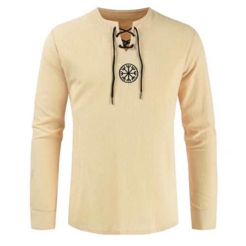 Men's Ancient Viking Embroidery Lace Up V Neck Long Sleeve Shirt Top C