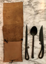 Load image into Gallery viewer, Hand Forged Set of 3 Medieval Feasting Set with Pouch