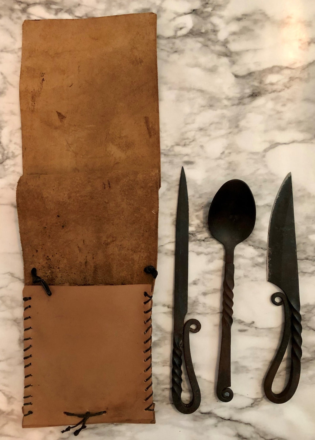 Hand Forged Set of 3 Medieval Feasting Set with Pouch