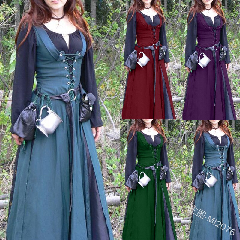 Classic Vintage Retro Belted Medieval Dress Mediaeval Renaissance Floor Length Lace Up Women Retro Tunic