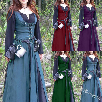 Classic Vintage Retro Belted Medieval Dress Mediaeval Renaissance Floor Length Lace Up Women Retro Tunic