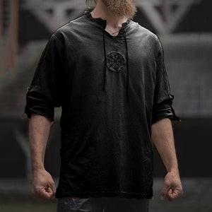 2020 New Unique Design Vintage Style Men Plus Size Ancient Viking Embroidery Lace Up V Neck Long Sleeve T-Shirt Top trendy