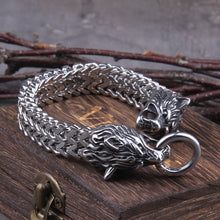 Load image into Gallery viewer, Never Fade Rock Viking Wolf Charm Bracelet, Men&#39;s Stainless Steel Mesh Chain, Gold Wolf Bracelet