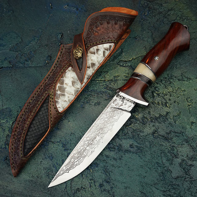 VG10 Damascus Steel Hunting Knife with Sheath Handmade Fixed Blade