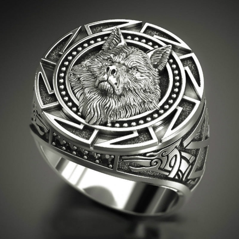 Men's 925 Vintage Wolf Totem Thai Silver Ring, Nordic Mythology, Viking Warrior Wolf Head, Men's Ring