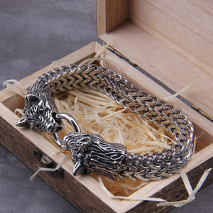 Never Fade Rock Viking Wolf Charm Bracelet, Men's Stainless Steel Mesh Chain, Gold Wolf Bracelet
