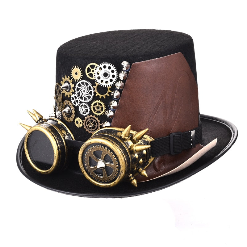 Steampunk Hat Black Fedora Punk Gears Men/Women Top Hat With Googles Gothic Hat