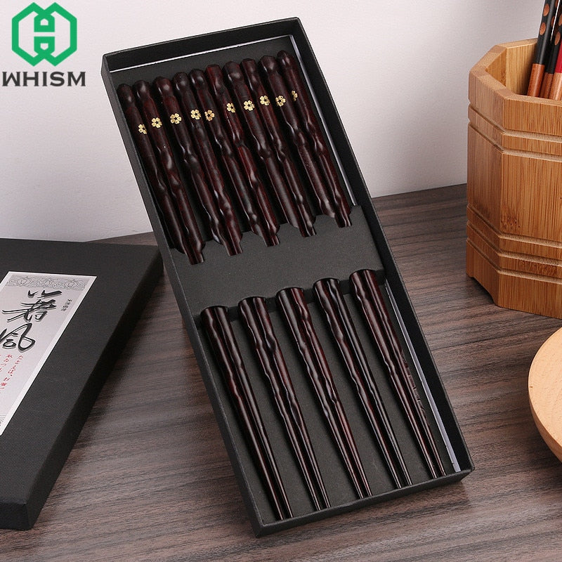 5 Pair Natural Wood Japanese Chopsticks Set with Gift Box Handmade Non-slip