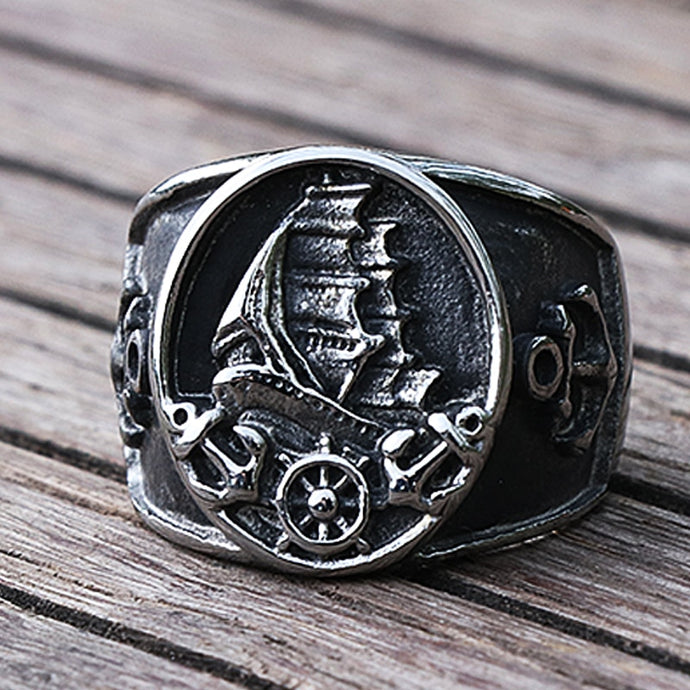 Pirate Sailboat, Pirate Ship and Anchor Ring For Men 316L Stainless Steel