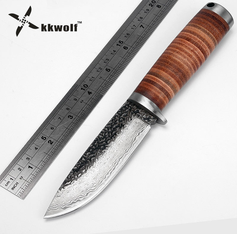 Scramasax Fixed blade Hunting Knife Handmade forged Damascus Steel camping knife 58HRC leather handle