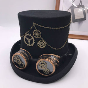 Vintage Steampunk Floral Black Top Hat with goggles Punk Style Fedora Headwear Gothic Lolita