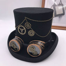 Load image into Gallery viewer, Vintage Steampunk Floral Black Top Hat with goggles Punk Style Fedora Headwear Gothic Lolita